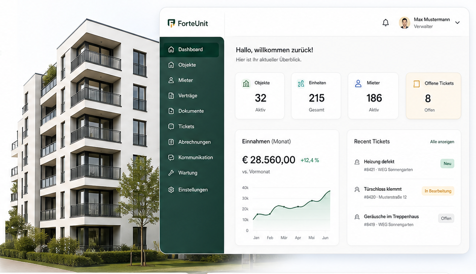 Modernes Wohngebäude mit ForteUnit-Dashboard — Hausverwaltung digital im Überblick